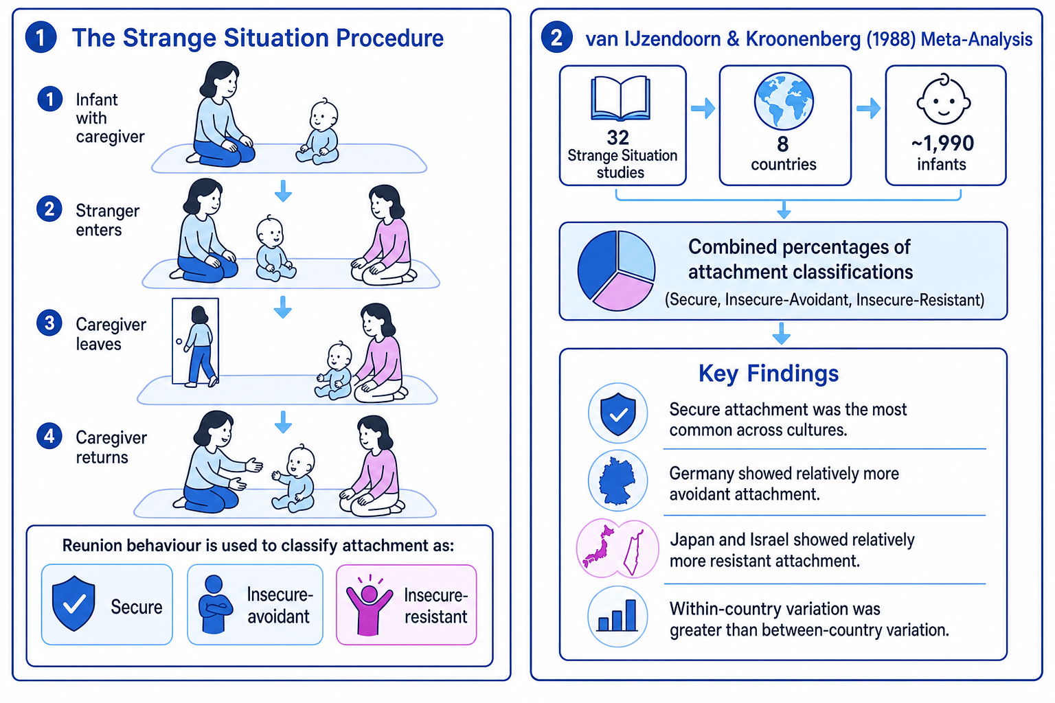 Schematic showing the Strange Situation and van IJzendoorn and Kroonenberg's meta-analysis findings