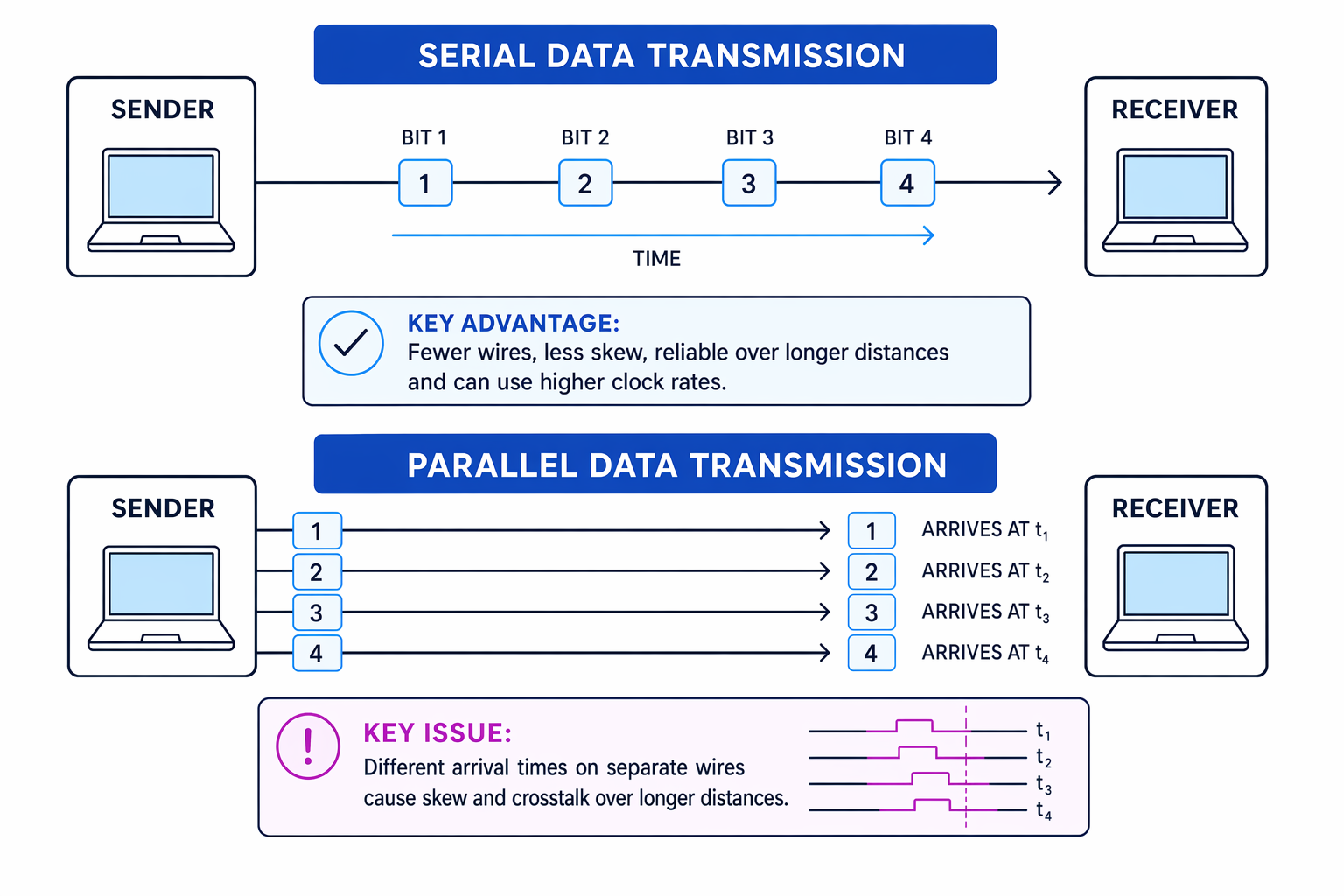 Comparison of serial and parallel data transmission