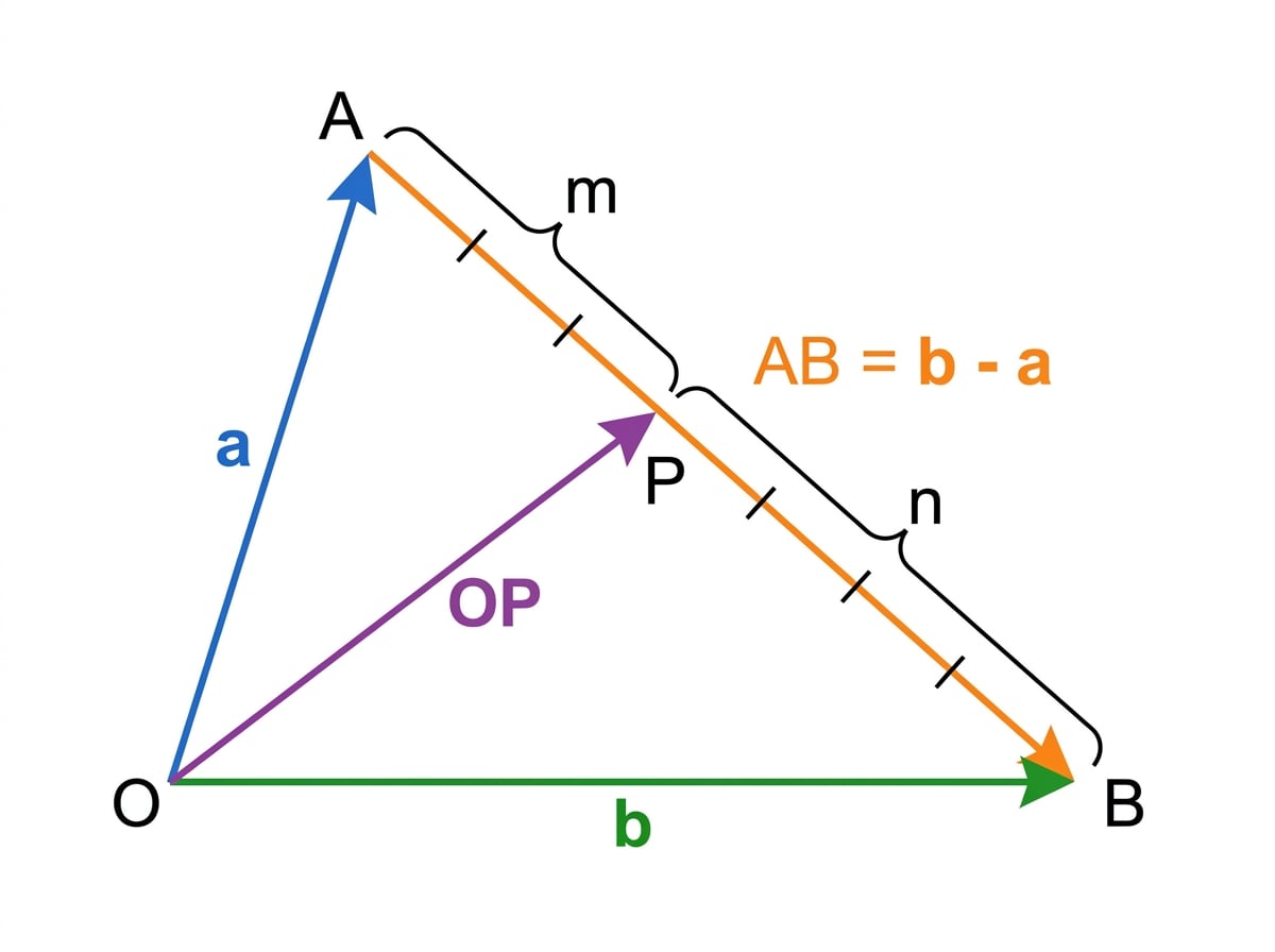 Vector triangle showing P dividing AB in a ratio