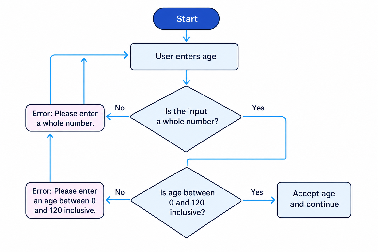 Flowchart showing input validation for entering an age