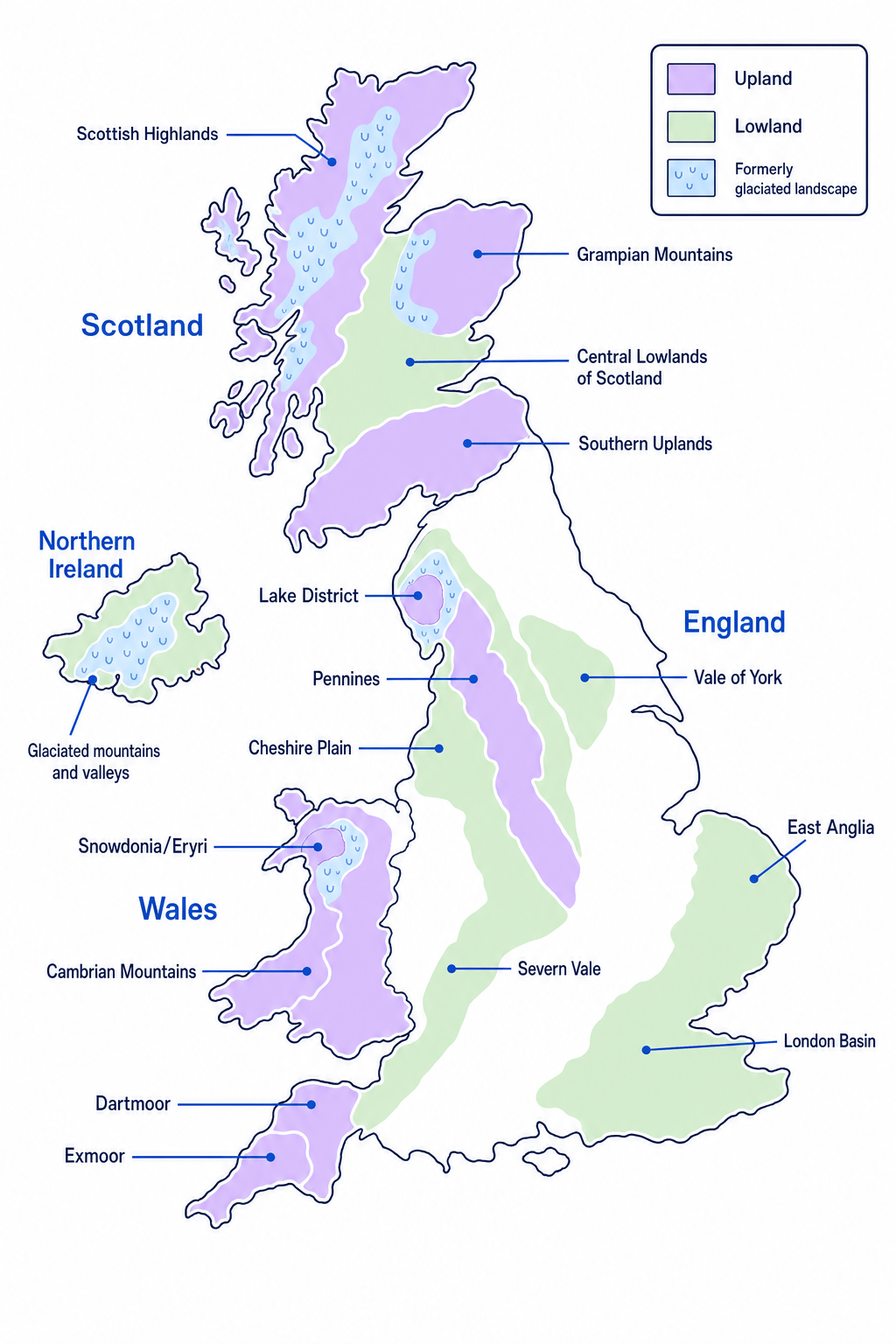 Simplified UK map showing upland, lowland and formerly glaciated landscapes