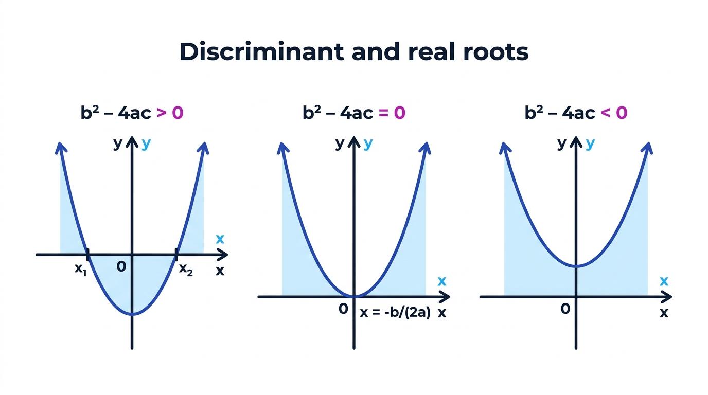 Three quadratic graphs showing two real roots, one repeated root and no real roots according to the discriminant