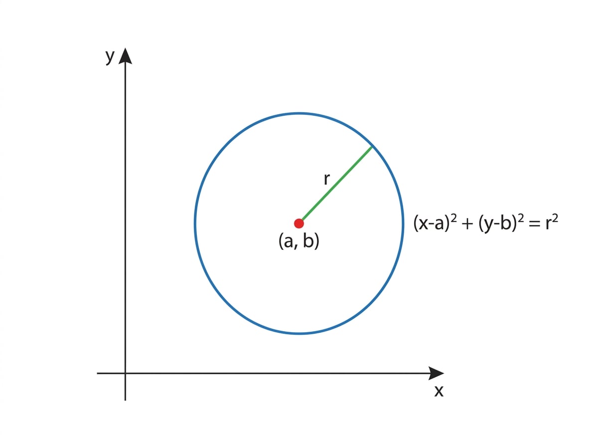 A labelled coordinate diagram showing the centre, radius, and standard equation of a circle