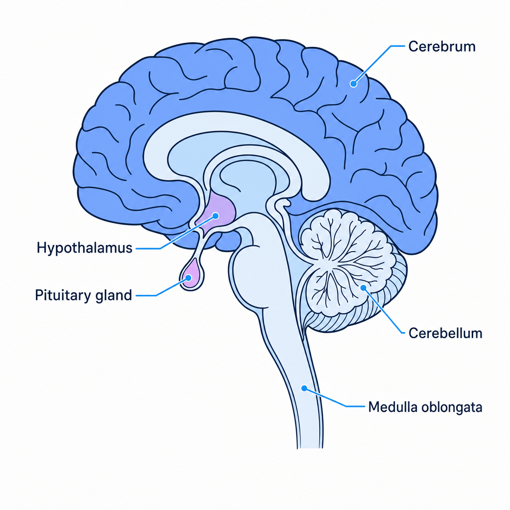 Anatomy of the human brain showing cerebrum, cerebellum, medulla oblongata, hypothalamus, and pituitary gland