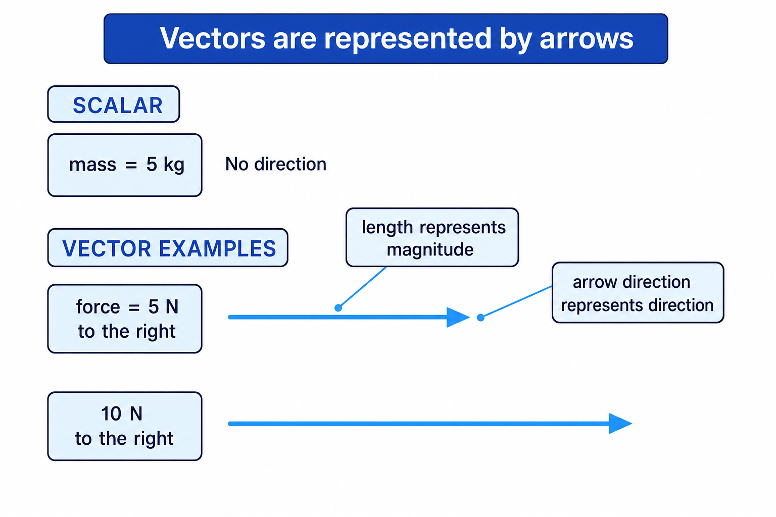 Diagram showing scalar quantities and vector arrows with magnitude and direction