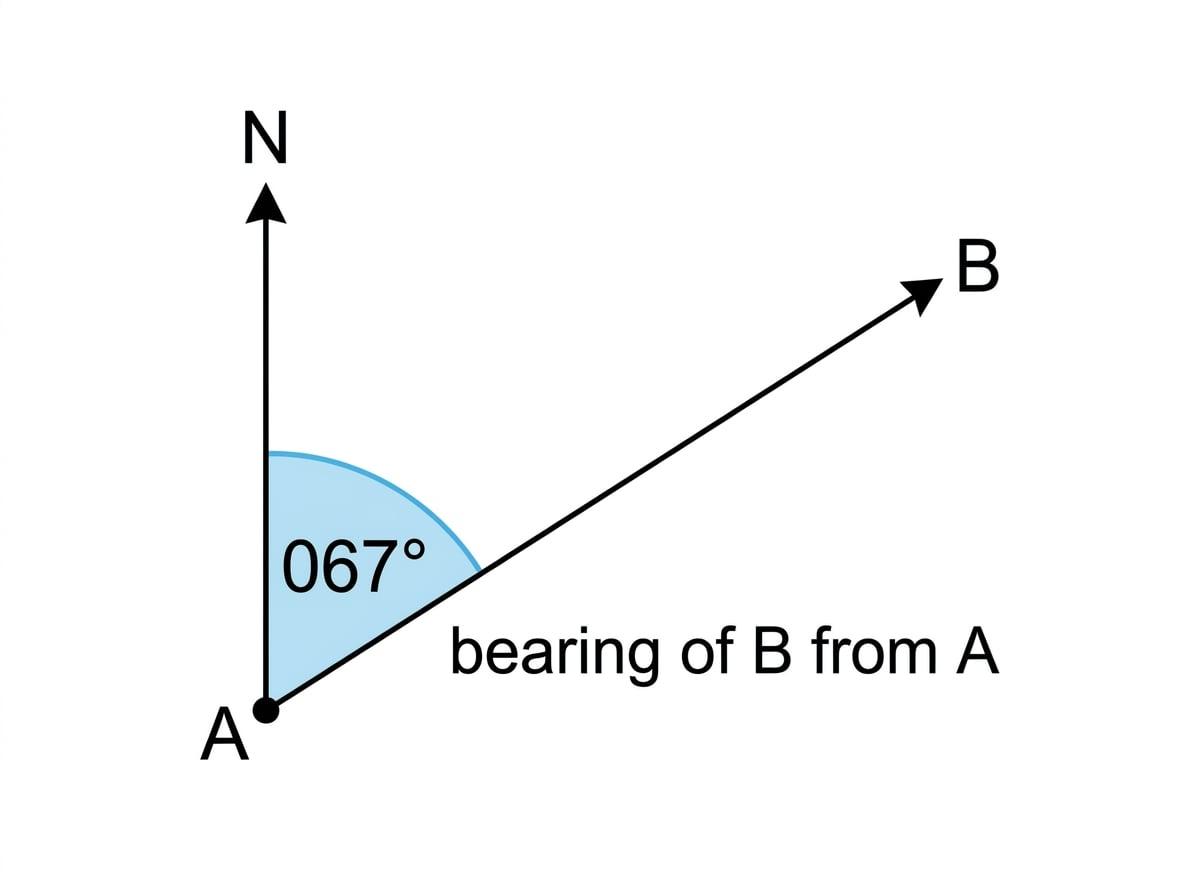 A bearing measured clockwise from North at point A