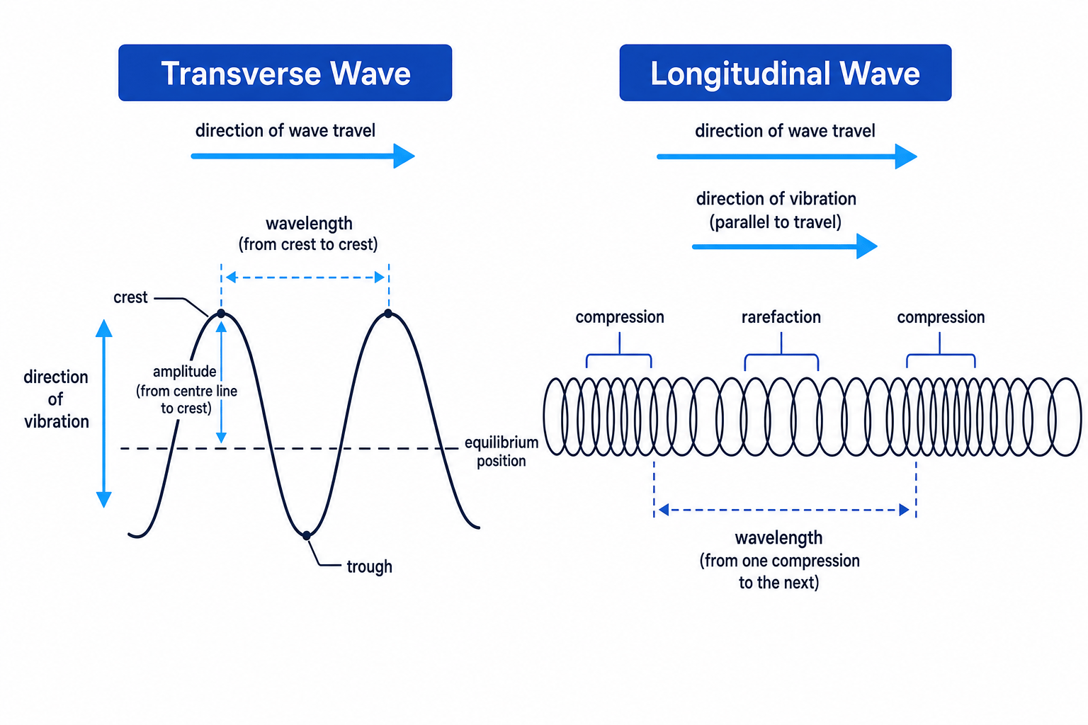 Labelled transverse and longitudinal wave diagrams