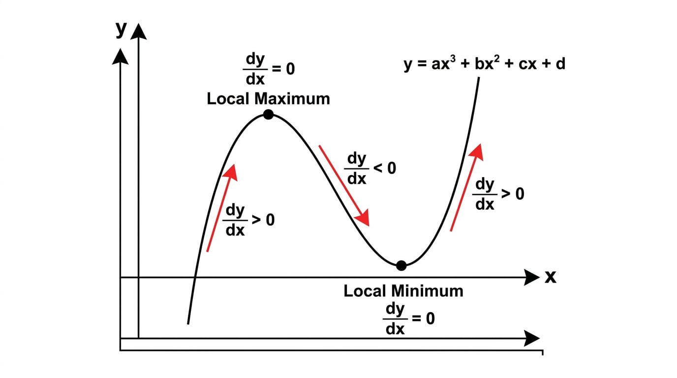 Diagram showing local maximum, local minimum and increasing/decreasing intervals