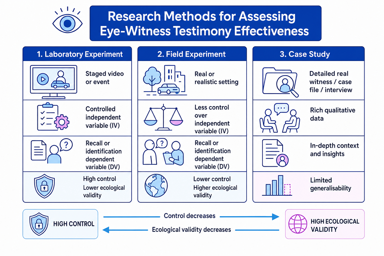Comparison of laboratory experiments, field experiments and case studies for assessing eye-witness testimony