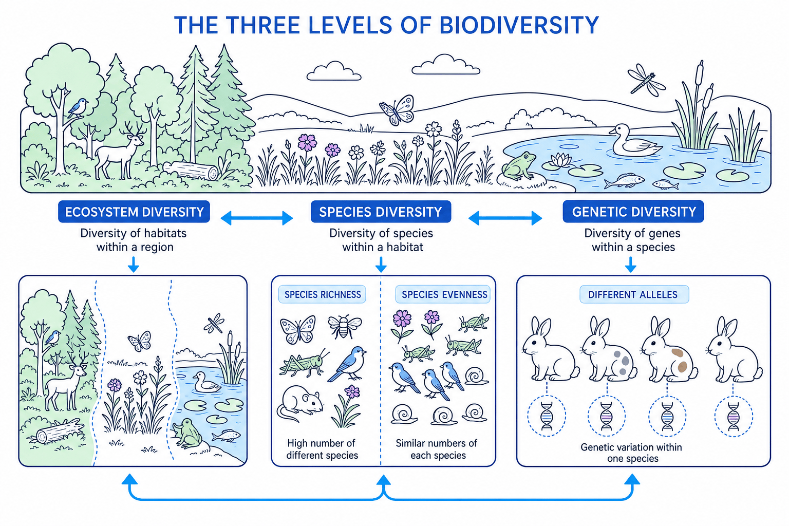 Diagram showing genetic, species and ecosystem biodiversity