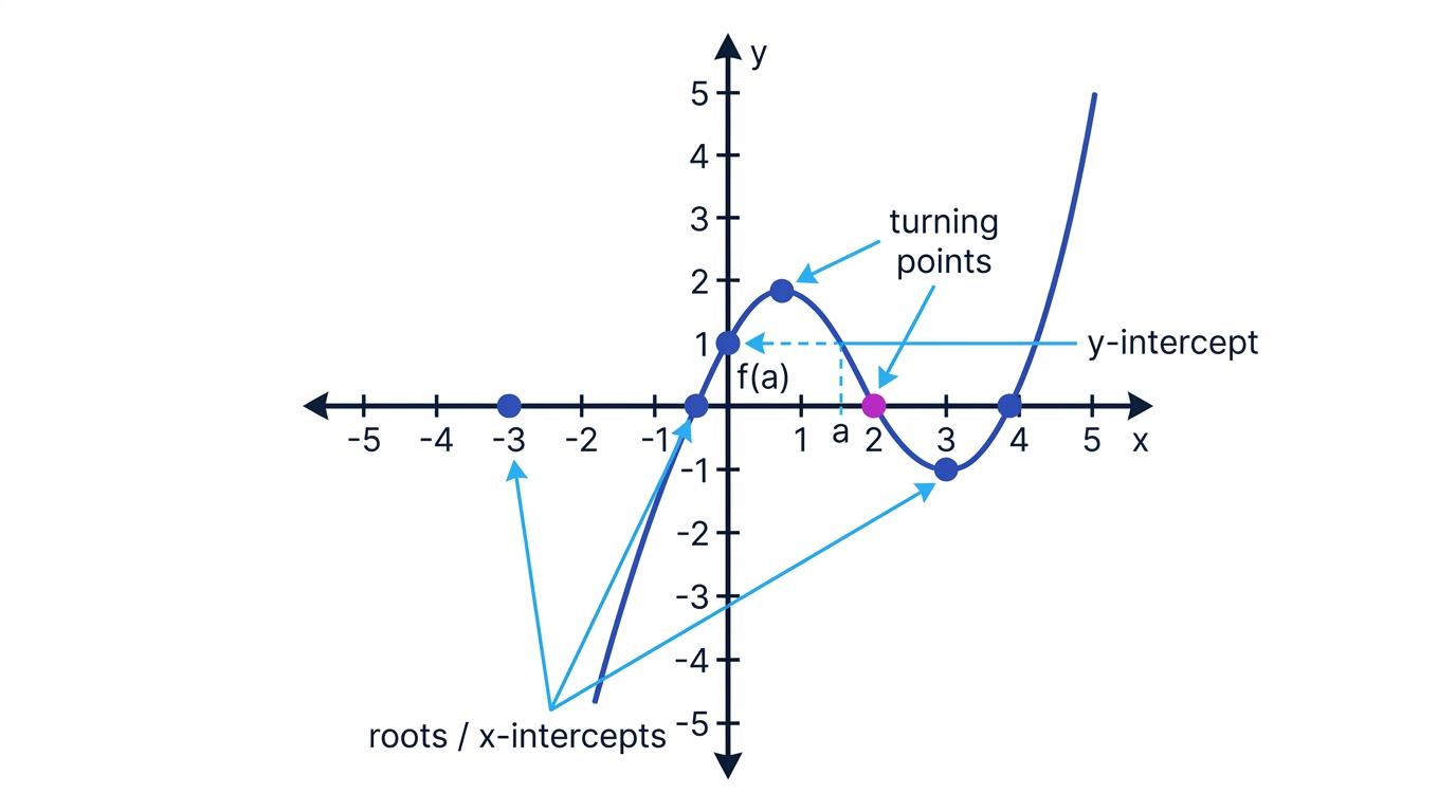 Graph of a function showing roots, intercepts, turning points and the point (a, f(a))