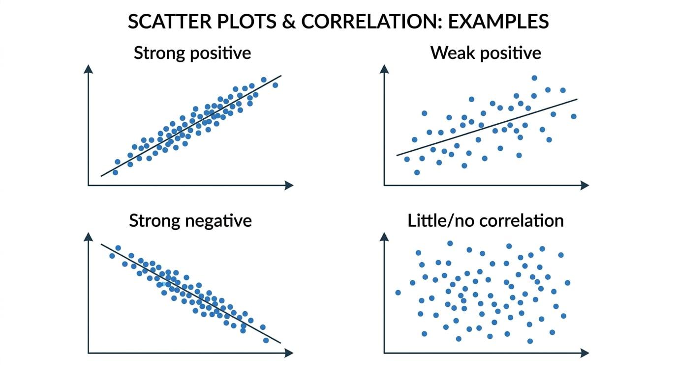 Four scatter graphs showing strong positive, weak positive, strong negative, and little or no correlation