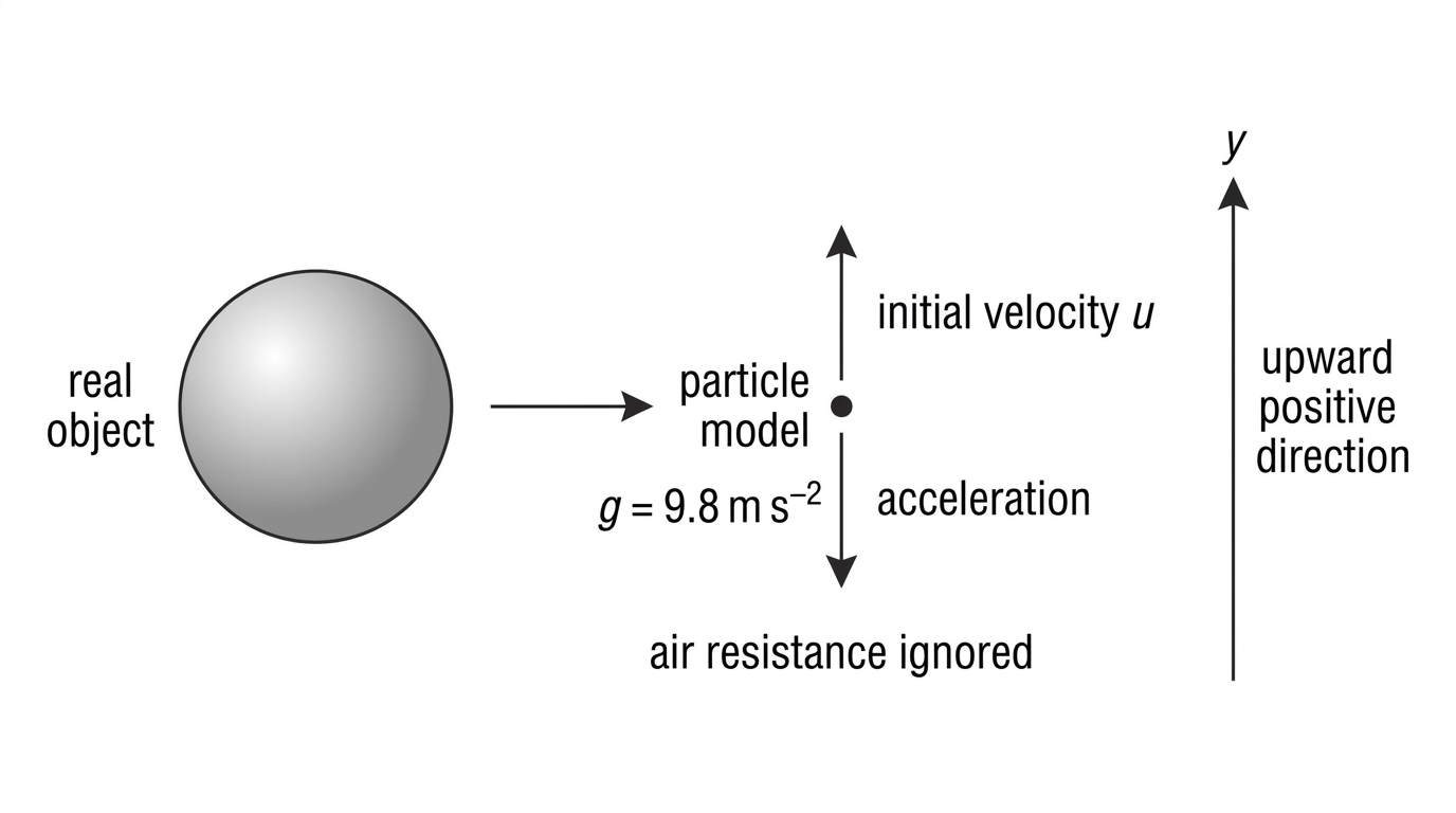 Diagram showing a real ball simplified to a particle with acceleration g downward and air resistance ignored
