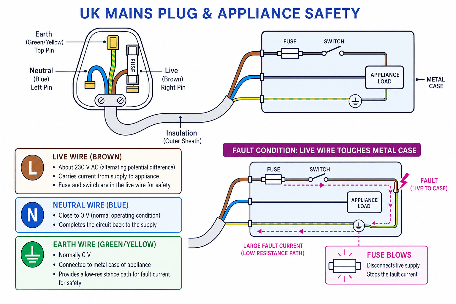 UK mains plug showing live, neutral, earth, fuse, switch, insulation, and live-to-case fault path