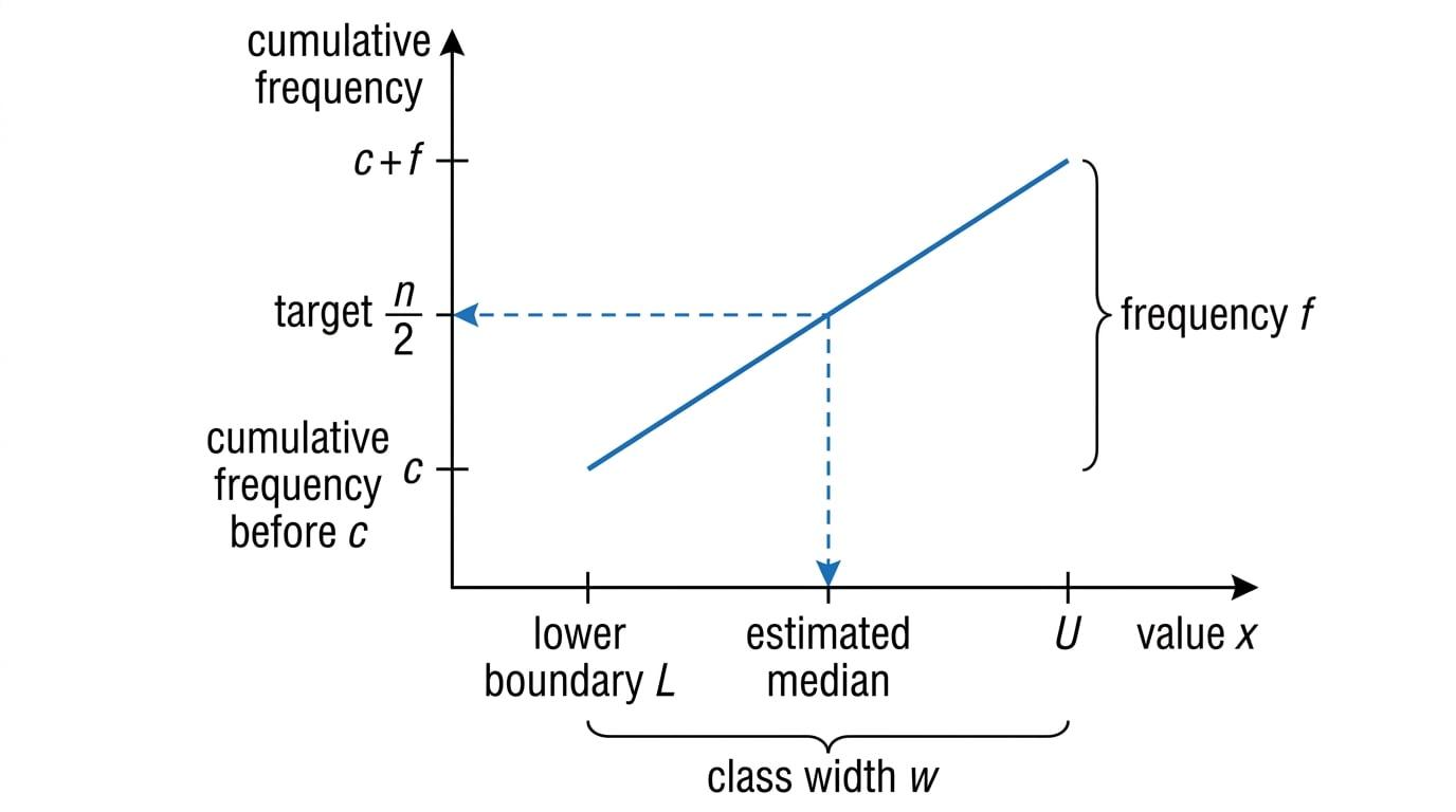 Linear interpolation diagram for estimating the median from grouped data