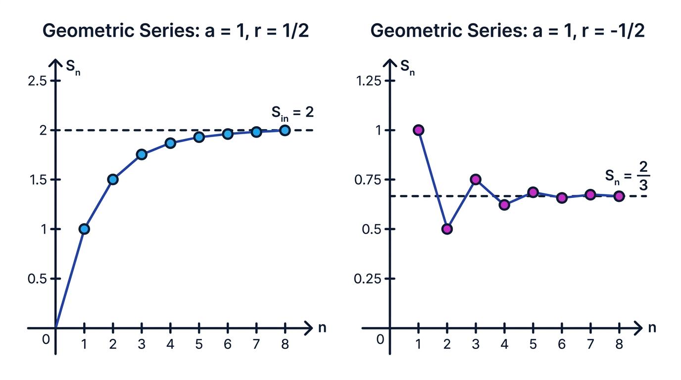 Graphs of positive and alternating geometric partial sums approaching finite limits