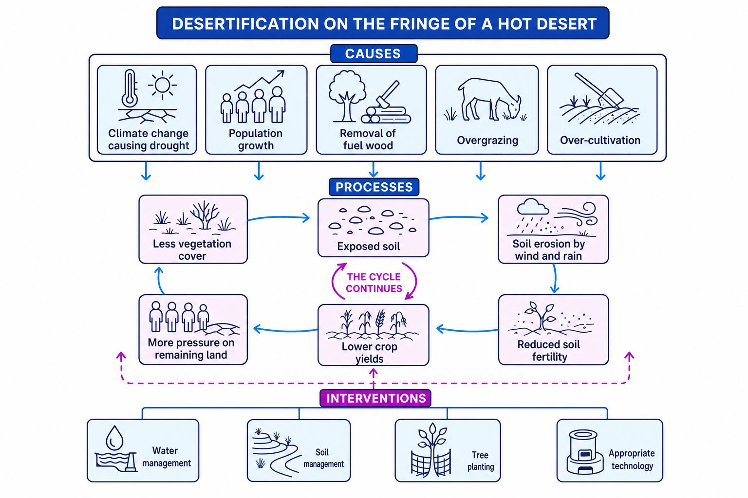 Flow diagram showing causes, processes and interventions linked to desertification on the fringe of a hot desert