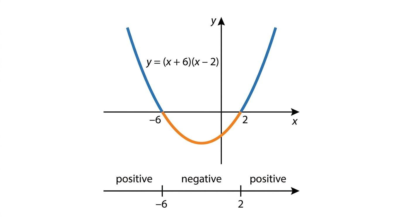Upward-opening quadratic showing positive regions outside the roots and negative region between the roots