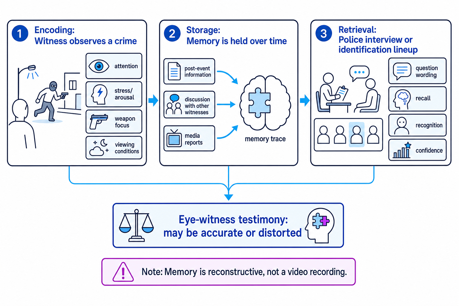 Schematic of factors affecting eye-witness testimony reliability, from encoding to storage to retrieval