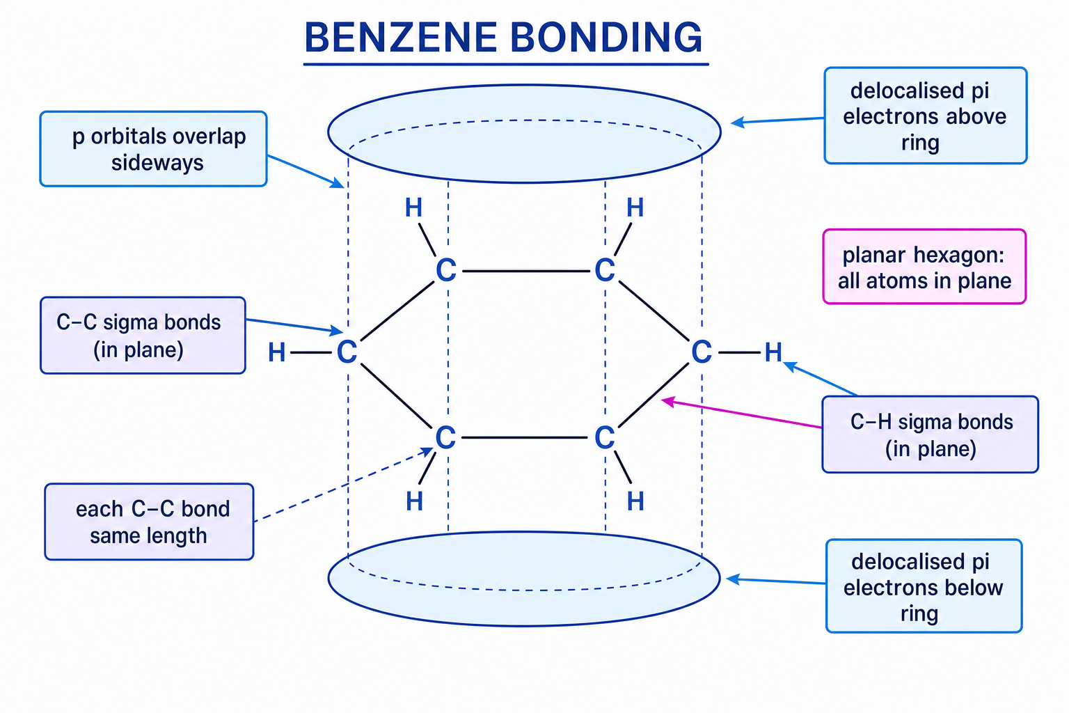 Labelled schematic of benzene showing the planar sigma framework and delocalised pi electron clouds above and below the ring