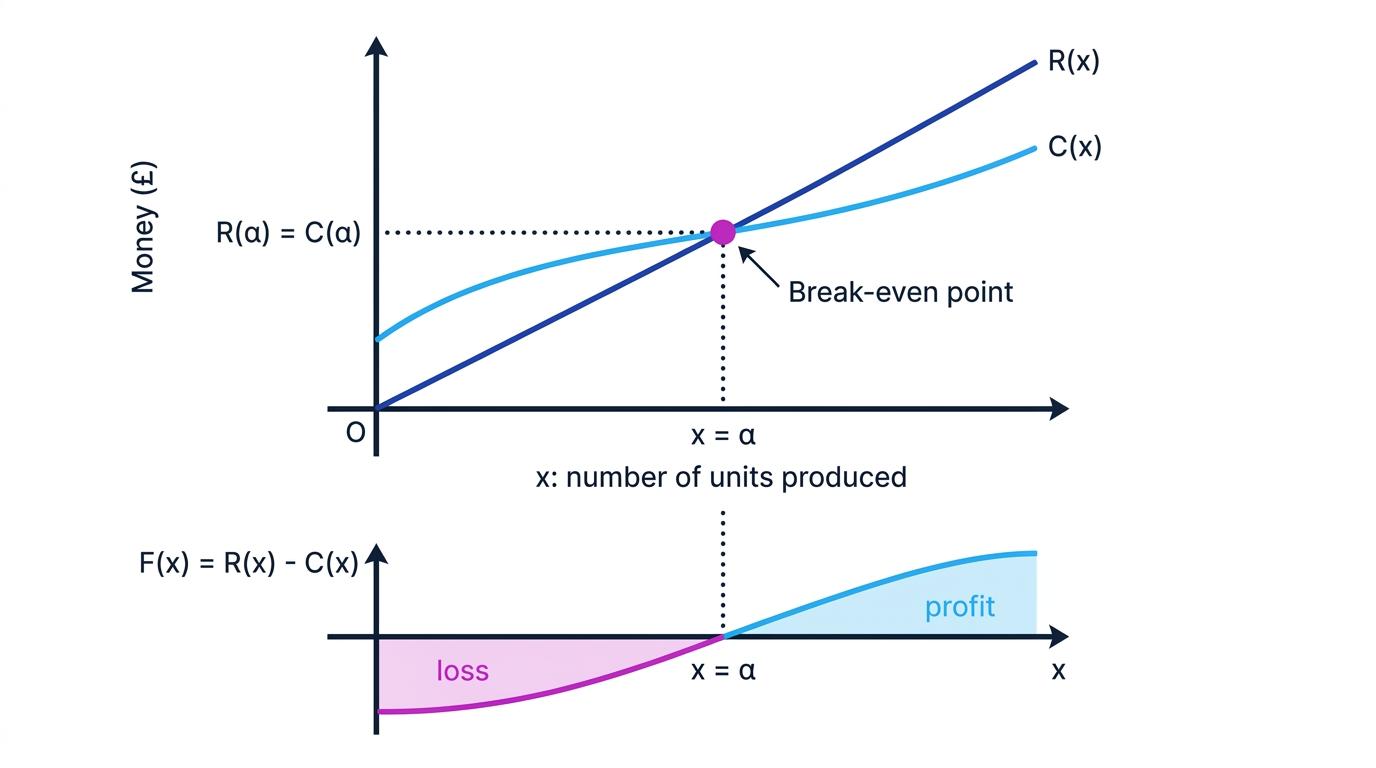 Revenue and cost curves meeting at a break-even point, together with the corresponding profit function crossing the axis