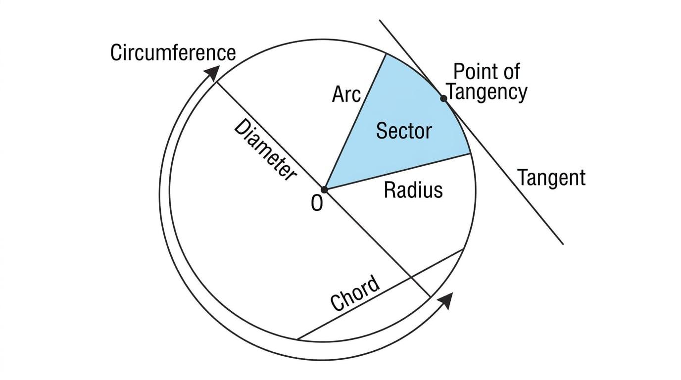 Labelled diagram showing radius, diameter, circumference, sector and tangent of a circle