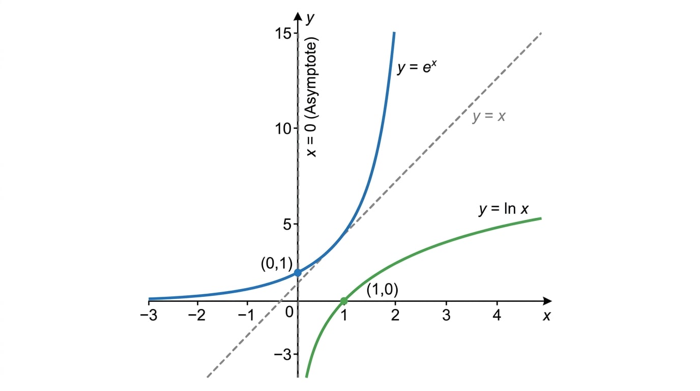 Graphs of y equals e to the x and y equals natural log x showing inverse relationship