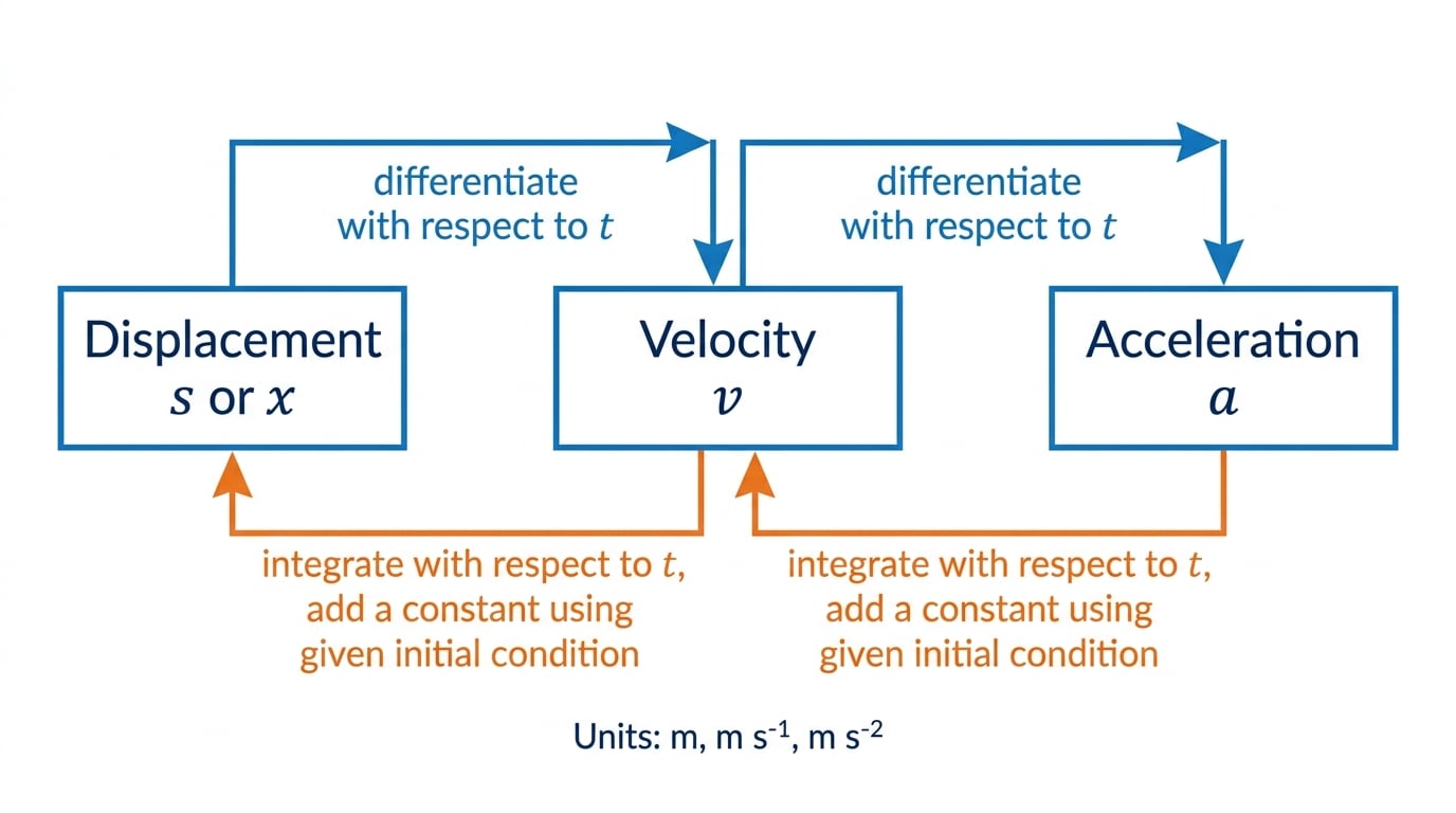 Diagram showing displacement, velocity and acceleration linked by differentiation and integration