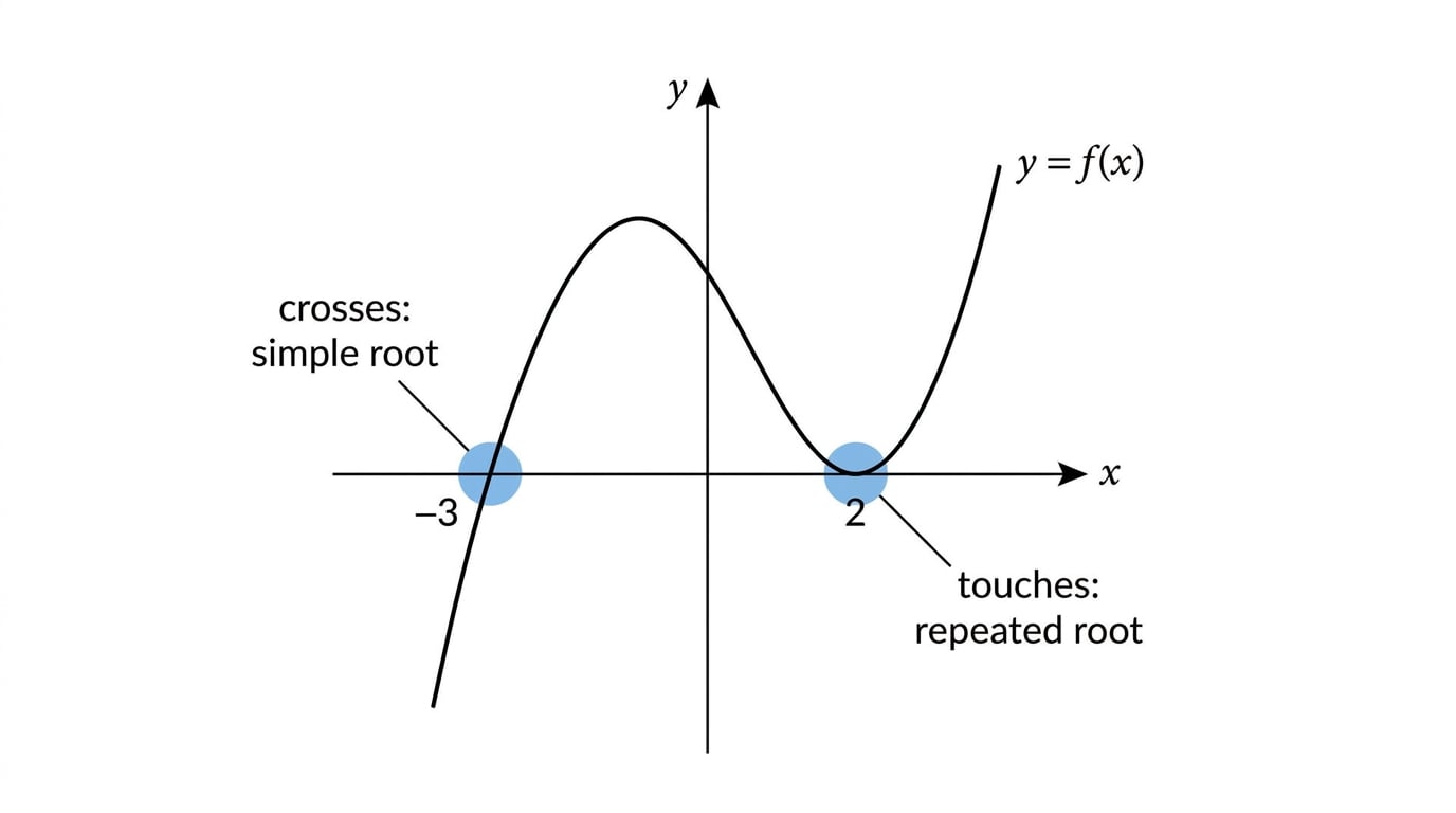 Cubic graph showing a simple root crossing the x-axis and a repeated root touching the x-axis