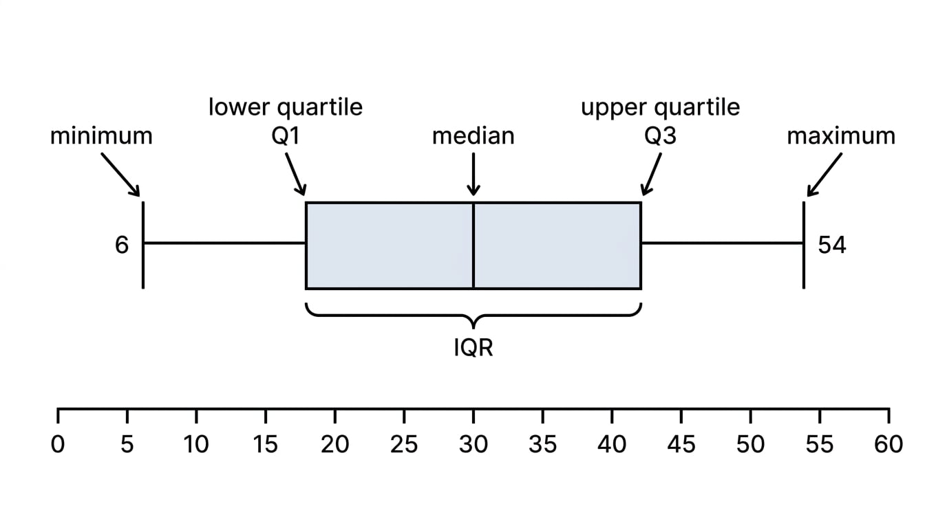 Labelled box plot showing minimum, quartiles, median, maximum and IQR