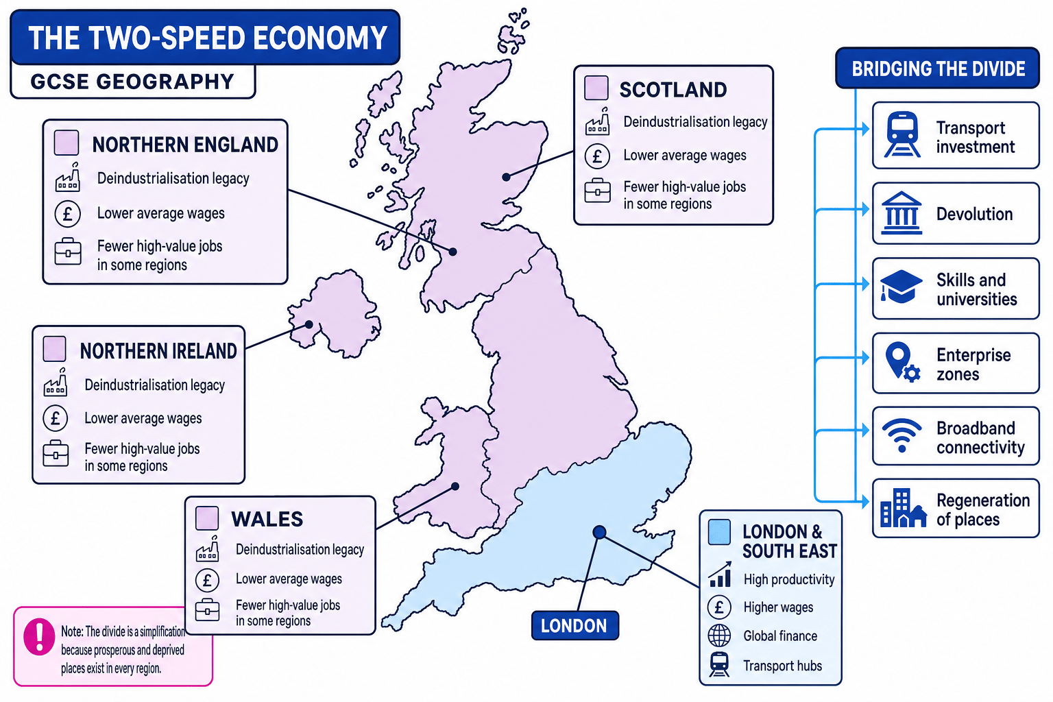 Schematic map showing the UK two-speed economy and options for bridging the divide