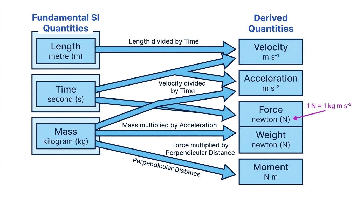 Diagram showing how length, time and mass combine to give the units of velocity, acceleration, force, weight and moment