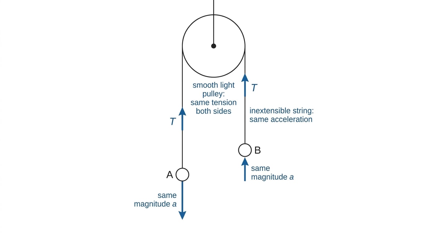 Diagram of two particles connected by an inextensible string over a smooth light pulley, showing equal tension and same acceleration magnitude