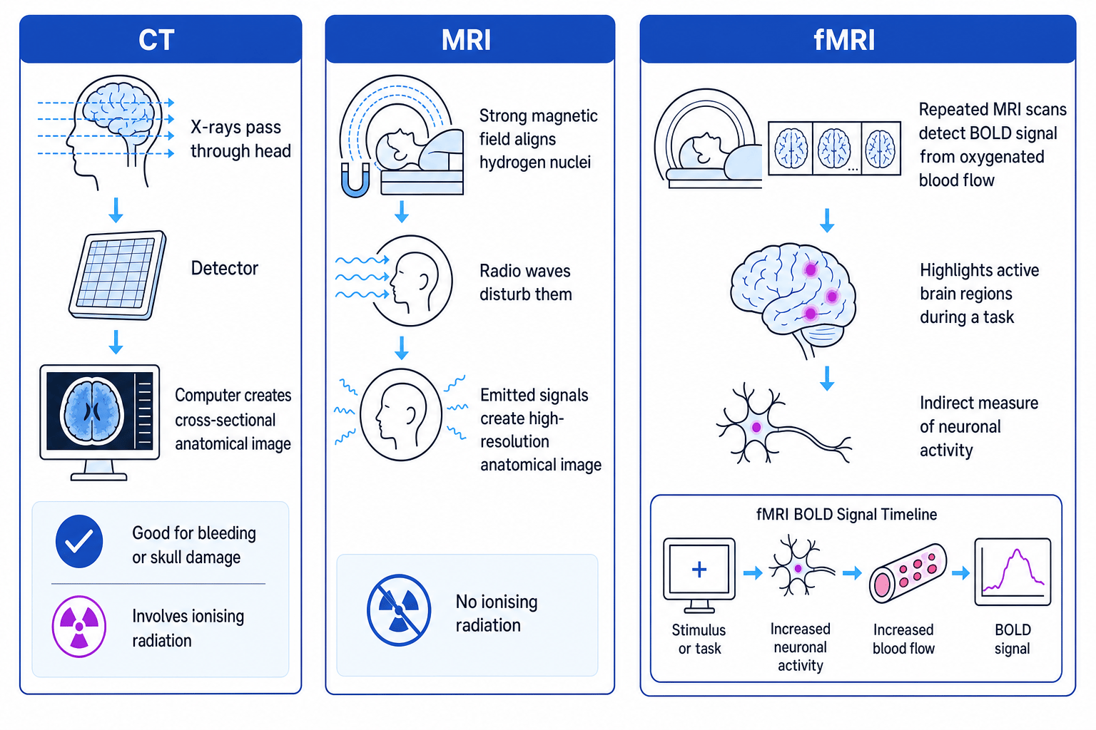 Comparison schematic of CT, MRI and fMRI brain imaging techniques