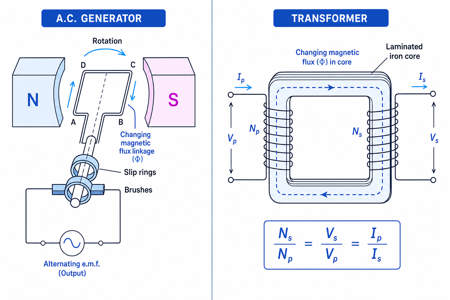Two-panel schematic of a simple a.c. generator with rotating coil, slip rings and brushes, and a laminated iron-cored transformer with primary and secondary coils