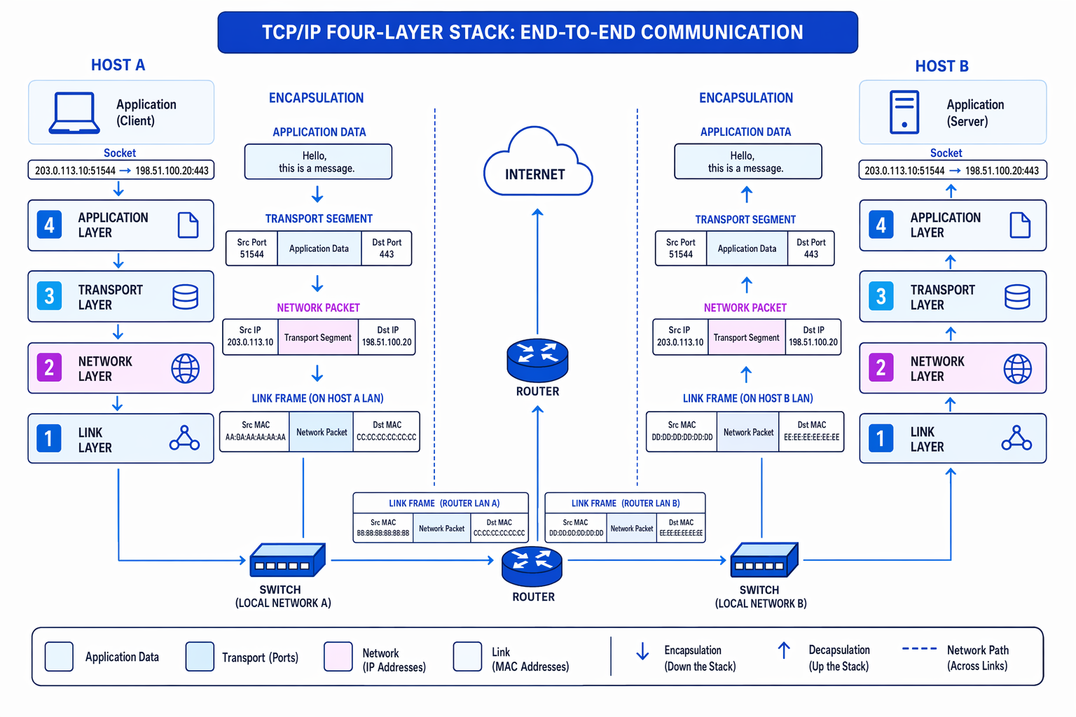 TCP/IP four-layer stack showing encapsulation, ports, IP addresses and MAC addresses