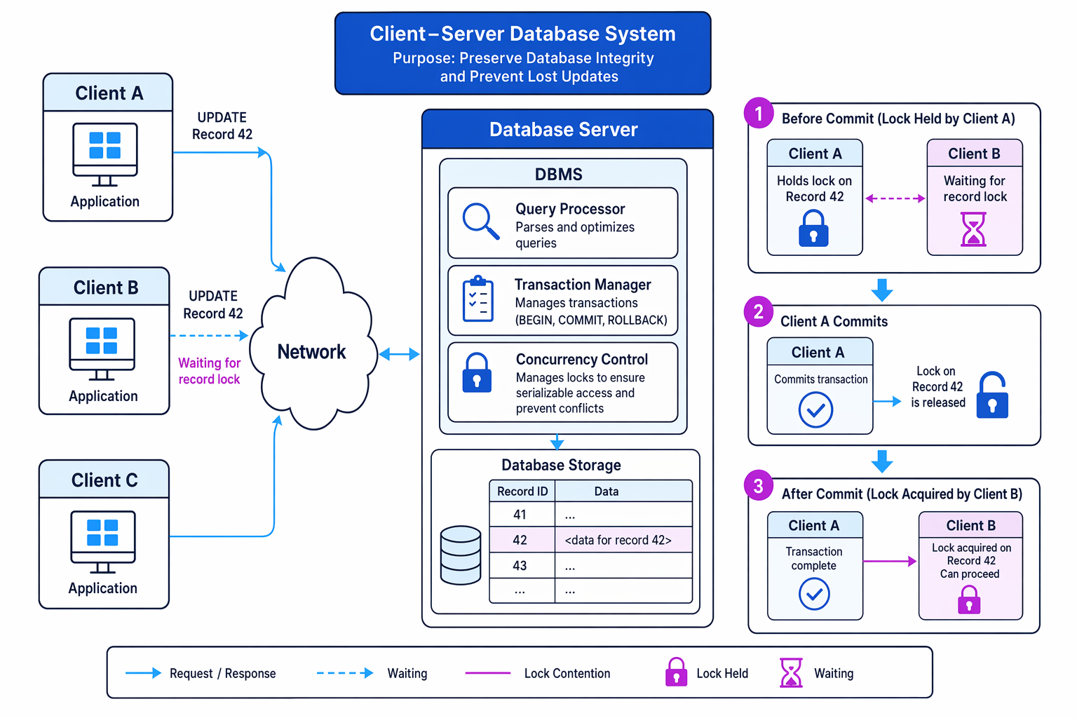 Labelled schematic of multiple clients accessing a central database server with concurrency control and record locking
