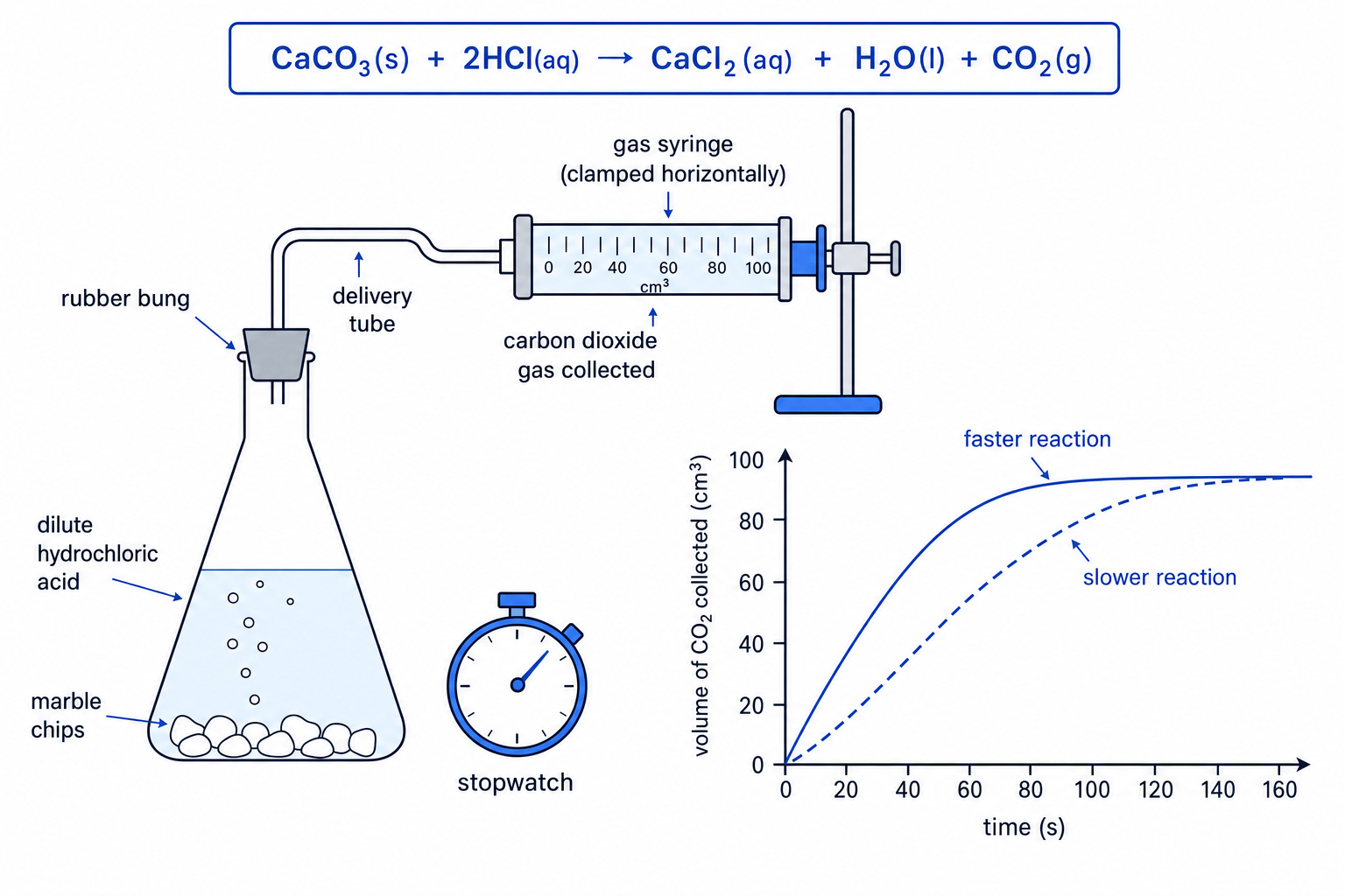 Gas syringe apparatus for measuring carbon dioxide produced by marble chips and hydrochloric acid