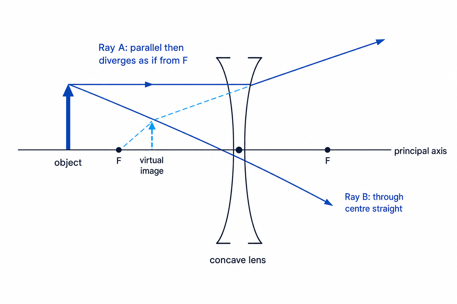 Ray diagram showing a concave lens forming a small upright virtual image