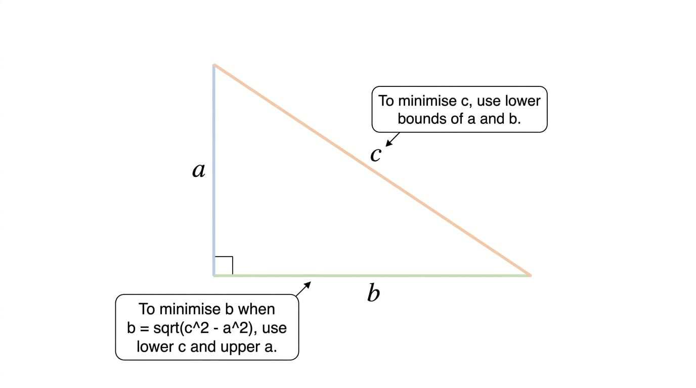 Right-angled triangle showing how to choose bounds for missing sides