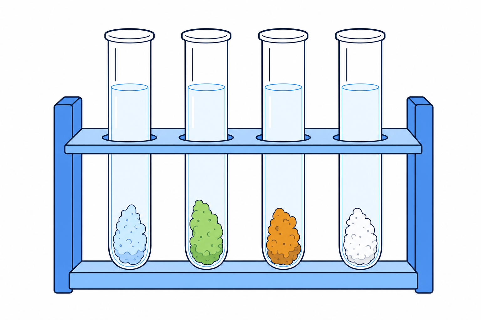 Four test tubes showing characteristic precipitates