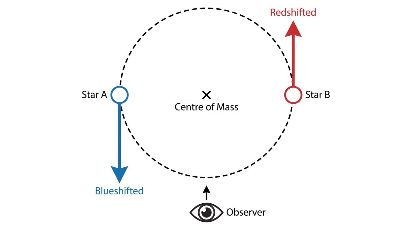 Binary star system edge-on showing redshift and blueshift