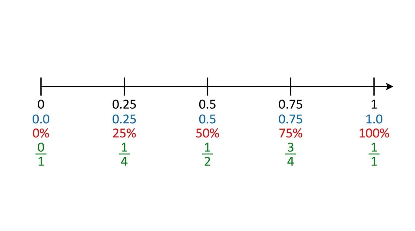 Number line showing equivalent fractions, decimals and percentages from 0 to 1