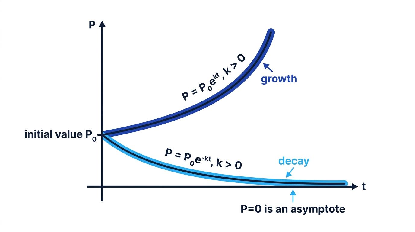 Graphs comparing exponential growth and decay from the same positive initial value, with the decay curve approaching the horizontal asymptote P equals zero