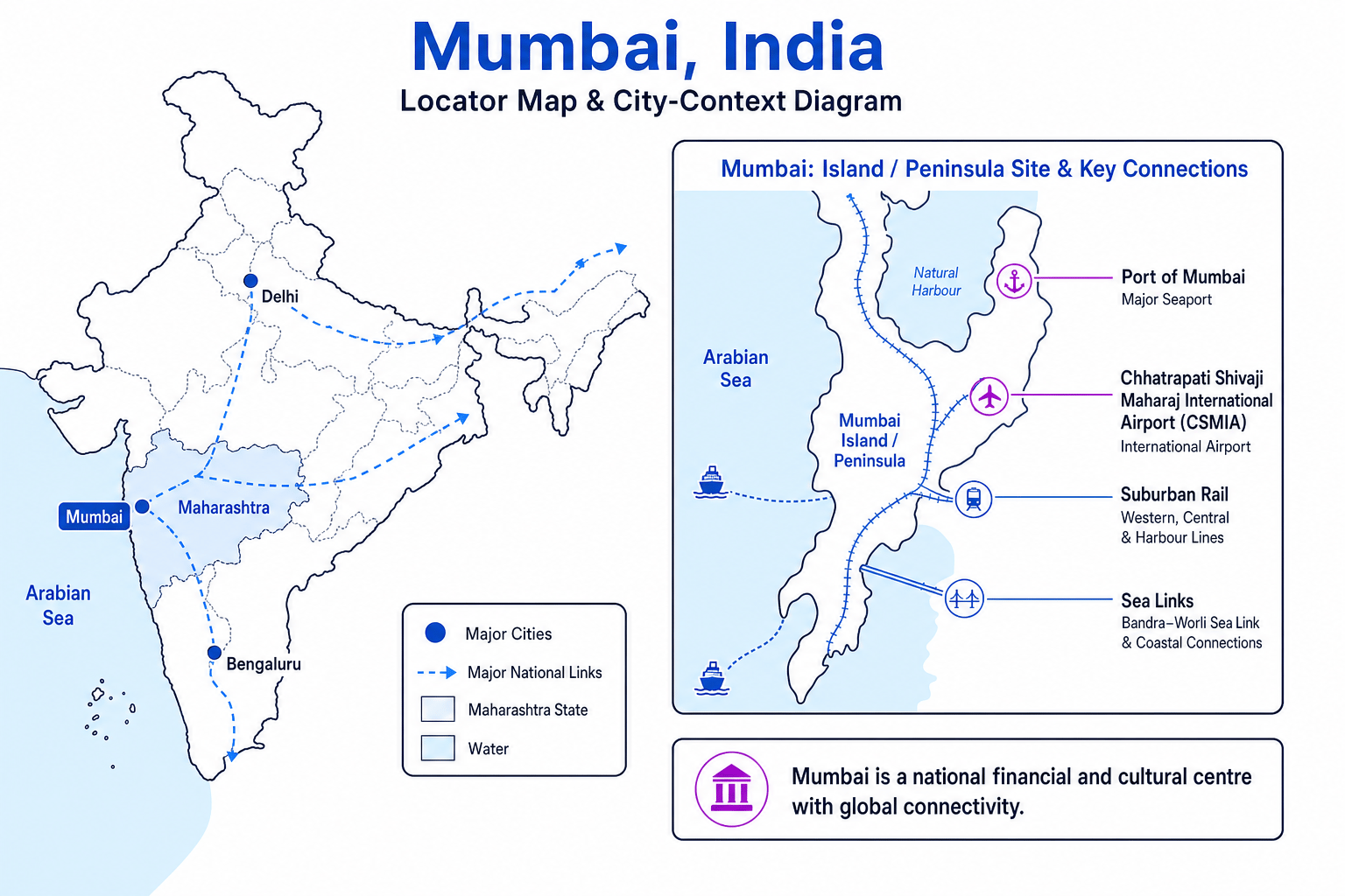 Locator map of Mumbai showing its site, situation and national/global connectivity