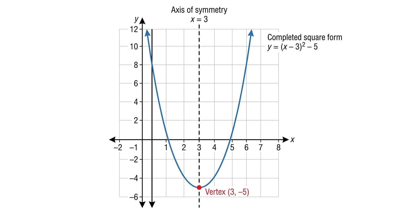 Graph of a parabola in completed square form showing the turning point and axis of symmetry