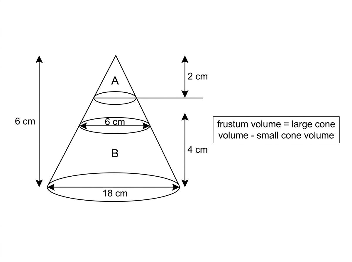 Diagram of a large cone split into a small cone and a frustum, with dimensions and subtraction formula