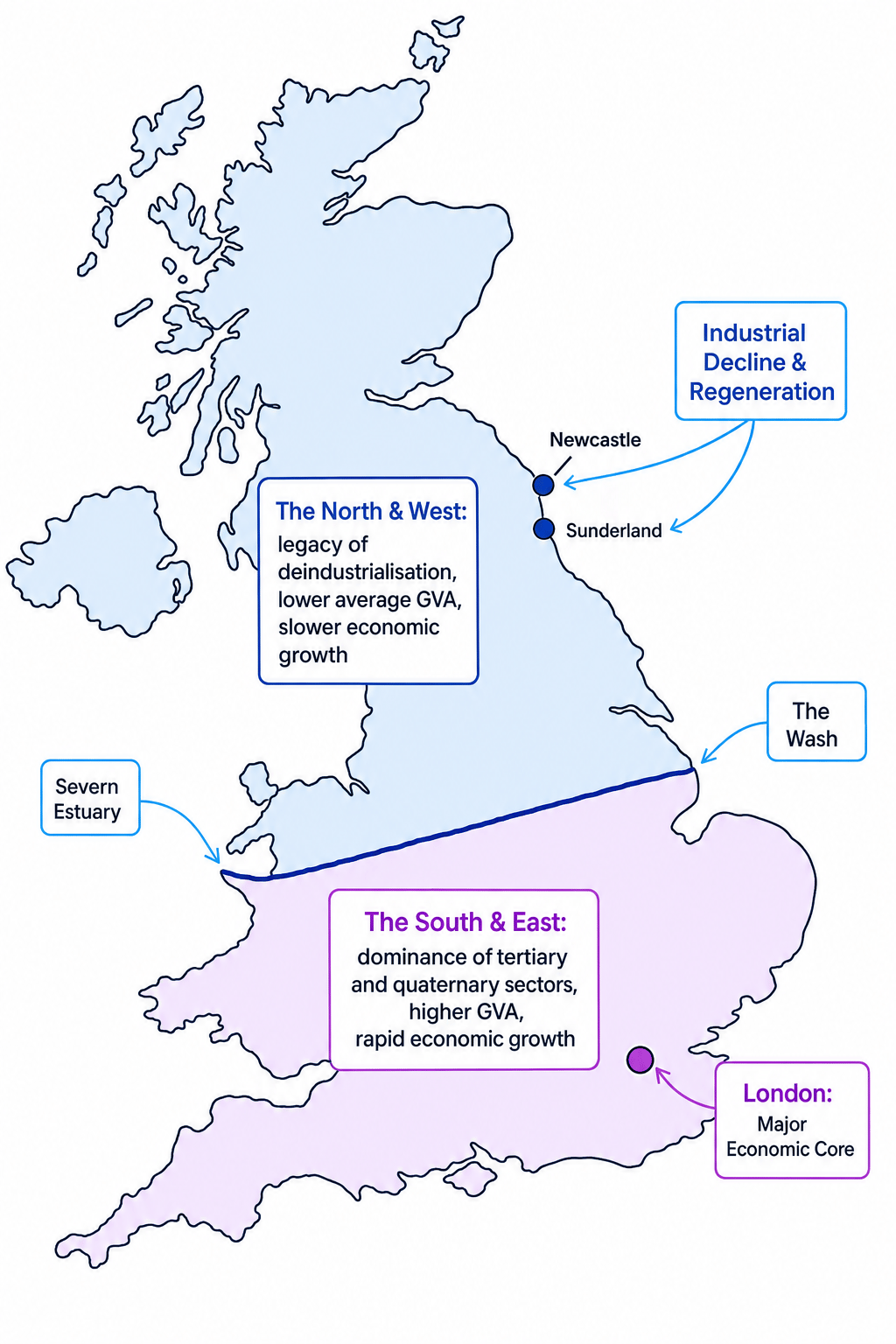 Map of the UK showing the North-South economic divide