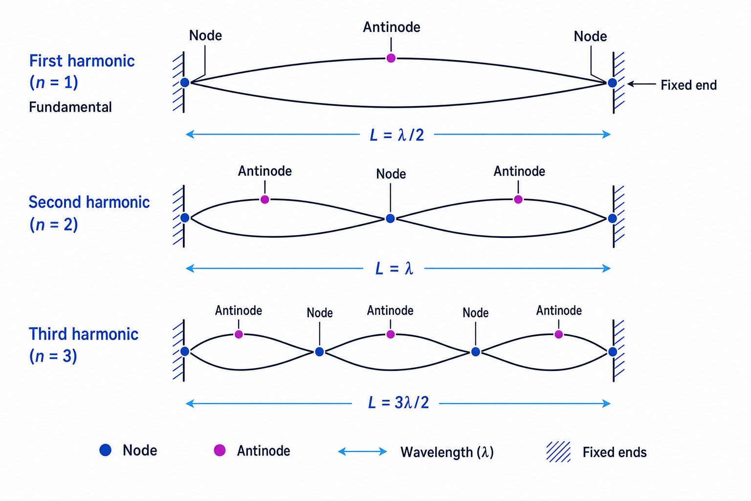Stationary waves on a string fixed at both ends showing first three harmonics