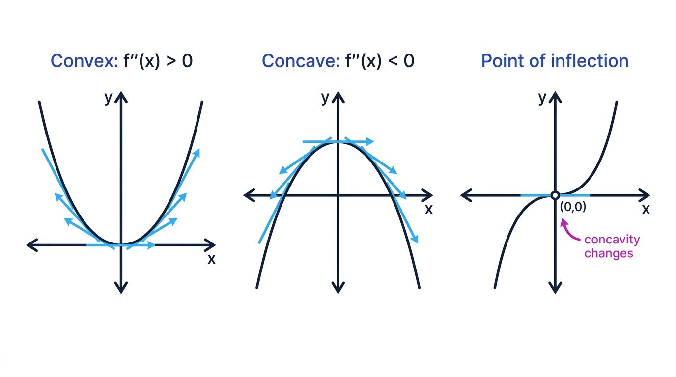 Graphs showing convex and concave curves through changing tangent gradients, and a cubic curve changing concavity at a point of inflection